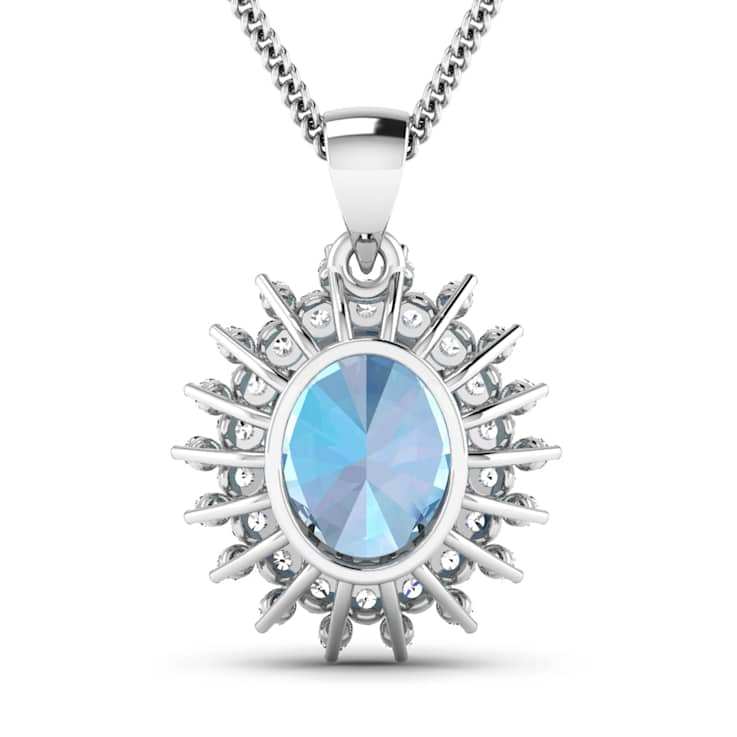 Oval Blue Aquamarine and White Diamond 14K White Gold Halo Pendant with
Cable Chain 2.70ctw
