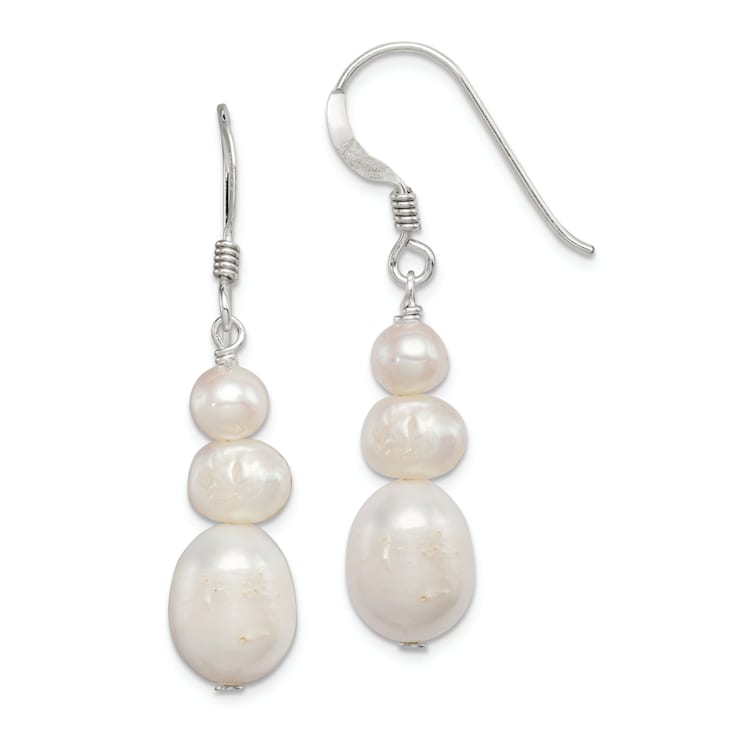 Sterling Silver Polished 6-10mm Freshwater Cultured Pearl Dangle Earrings