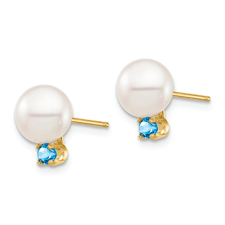 14K Yellow Gold 7-7.5mm White Round Freshwater Cultured Pearl Swiss Blue
Topaz Post Earrings