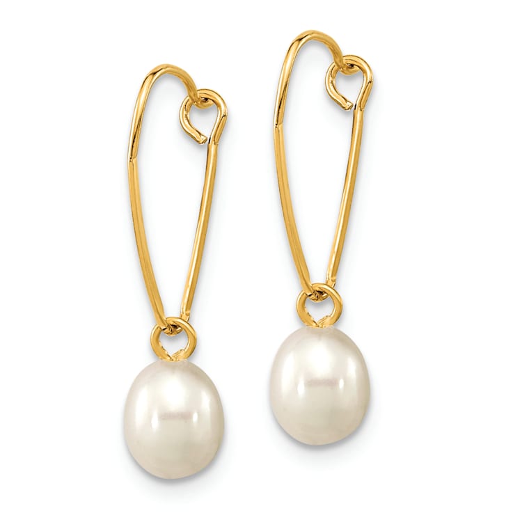 14k Yellow Gold 6-7mm Rice White Freshwater Cultured Pearl Dangle Earrings