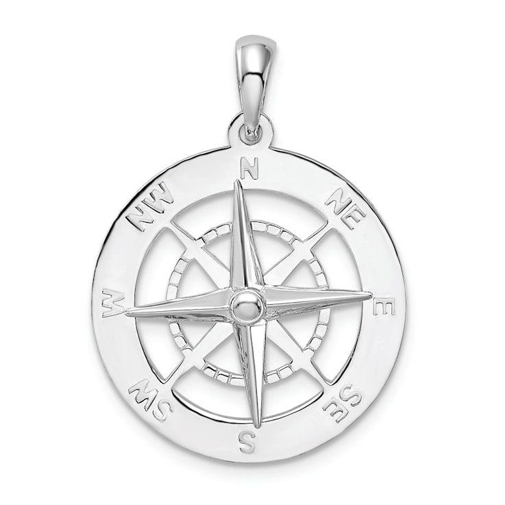 Rhodium Over Sterling Silver Polished Nautical Compass Pendant