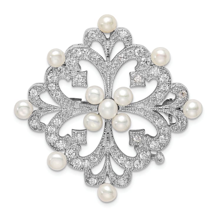 Rhodium Over Sterling Silver Freshwater Cultured Pearl and Cubic
Zirconia Pin