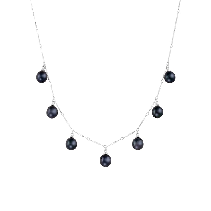 7-8mm Black Cultured Freshwater Pearl Rhodium Over Sterling Silver Necklace