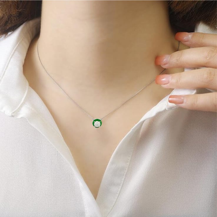 Moissanite Solitaire Rhodium Over Sterling Silver Necklace With Green Enamel