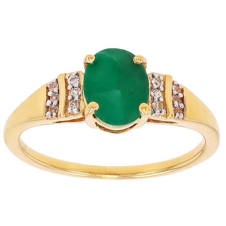 Emerald And White Zircon Ring In 18K Gold Over Sterling Silver 1.02ctw