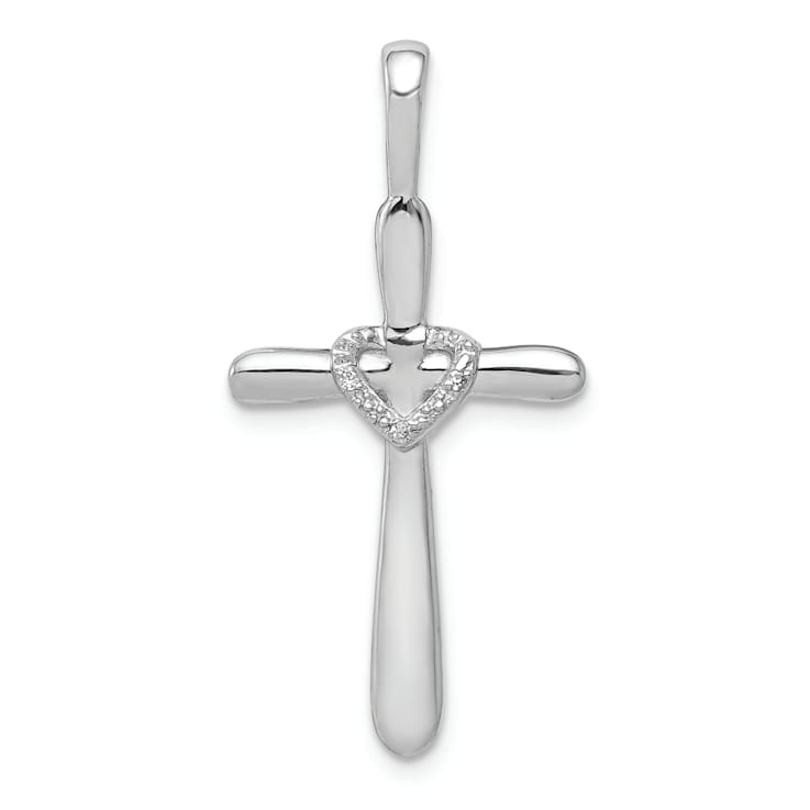 Rhodium Over 14K White Gold 1/10ct. Diamond Cross with Heart Pendant 0.009ctw
