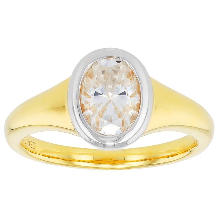 Two-Tone Bezel Set Oval Moissanite Solitaire Ring In 14k Gold Over Silver
