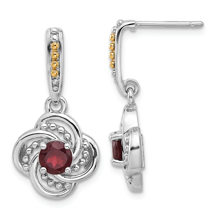 Sterling Silver Rhodium-plated with 14K Accent Garnet Dangle Post Earrings