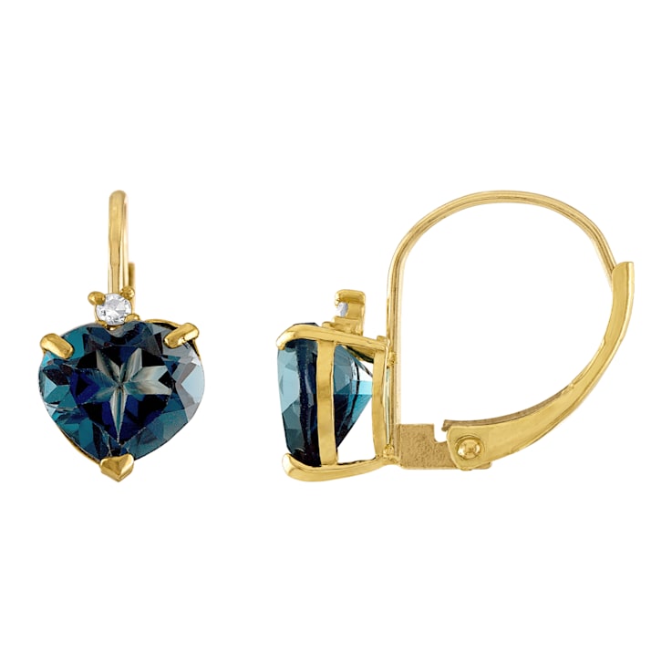 10K Yellow Gold London Blue Topaz and Diamond Heart Leverback Earrings 2.33ctw