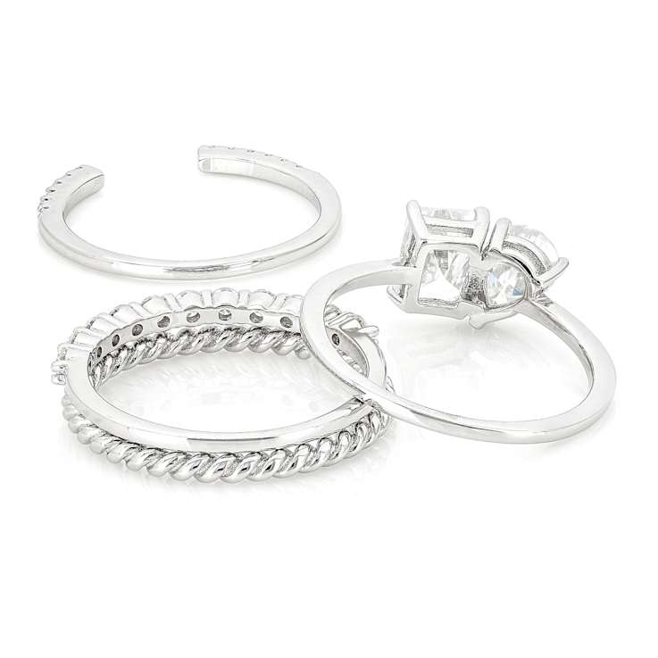 Moissanite Multi-Cut Ring Set of 3 in Platinum-Enhanced Sterling Silver