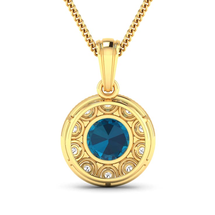 2.05ctw 14K Yellow Gold Blue London Blue Topaz and White Diamond Pendant
with 18 inch Cable Chain