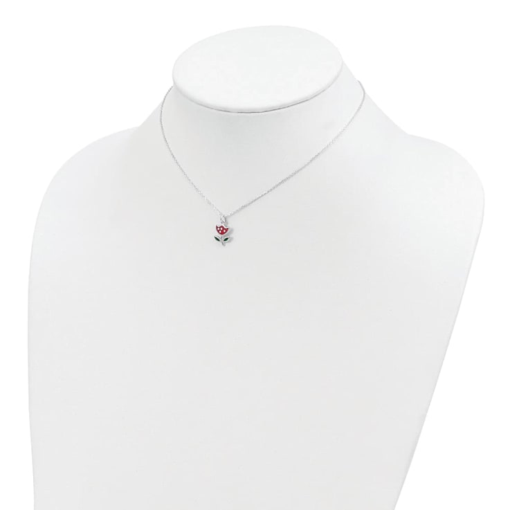 Sterling Silver Polished Red and Green Enameled Flower Children's Necklace