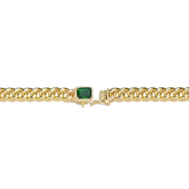 Green CZ Halo Cluster Curb Chain Bracelet In 14K Gold Over Brass