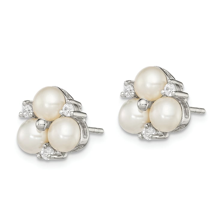 Rhodium Over Sterling Silver 5-6mm White Freshwater Cultured 6-Pearl
Cubic Zirconia Post Earrings