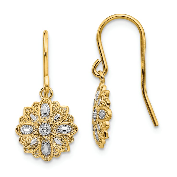 14k Yellow Gold and Rhodium Over 14k Yellow Gold Diamond-Cut Polished
Fancy Dangle Earrings