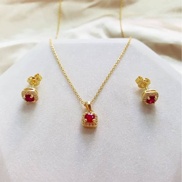 Red Ruby with Moissanite in 14K Yellow Gold Over Sterling Silver Halo
Stud Earrings