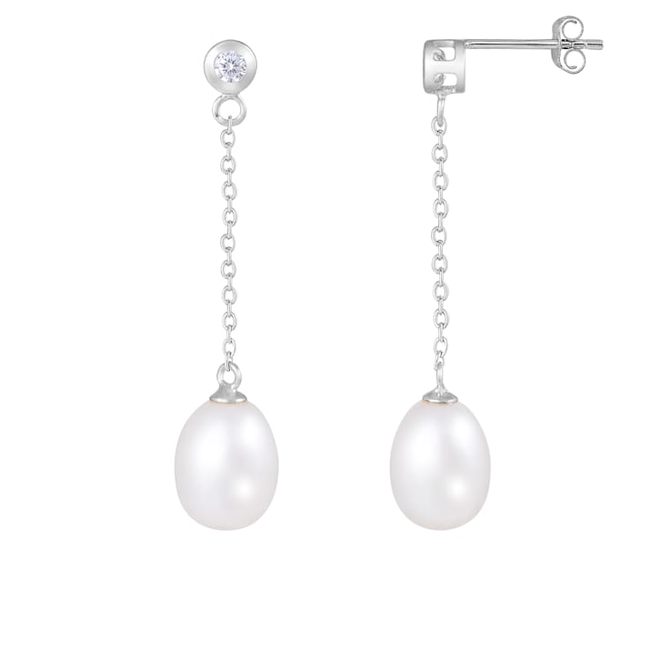 7-7.5mm White Cultured Freshwater Pearl and Cubic Zirconia Rhodium Over
Sterling Silver Earrings