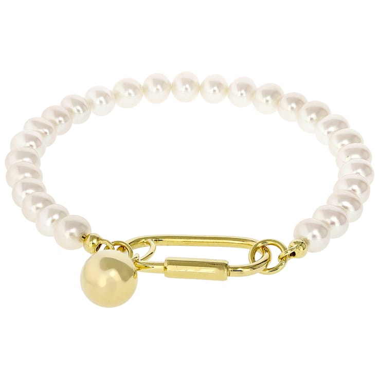 Cultured Freshwater Pearl Bracelet With Carabiner In 18K Gold Over
Bronze 6mm