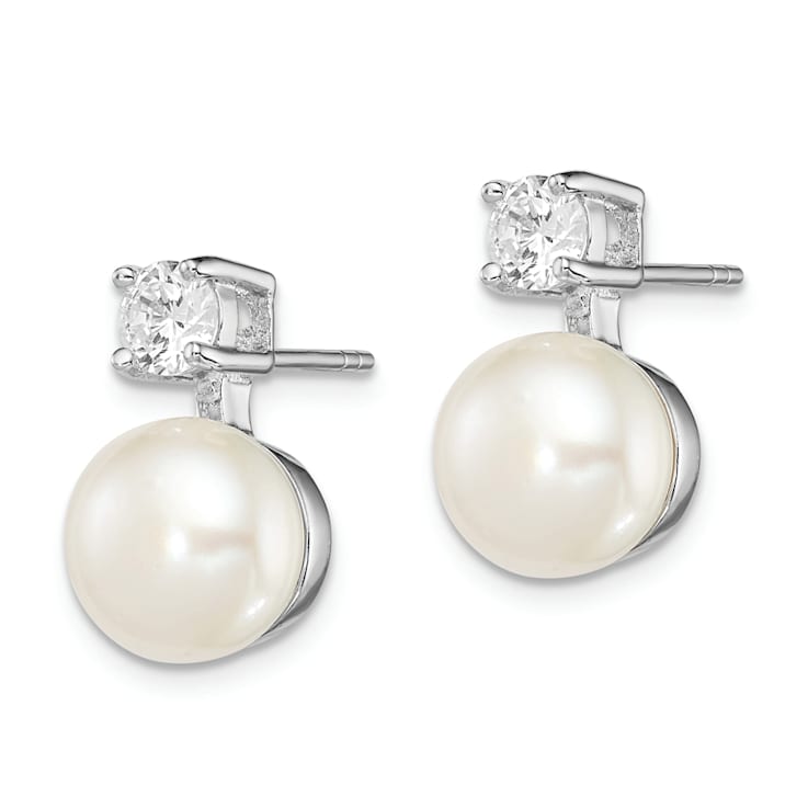Rhodium Over Sterling Silver 7-8mm White Freshwater Cultured Pearl Cubic
Zirconia Post Earrings