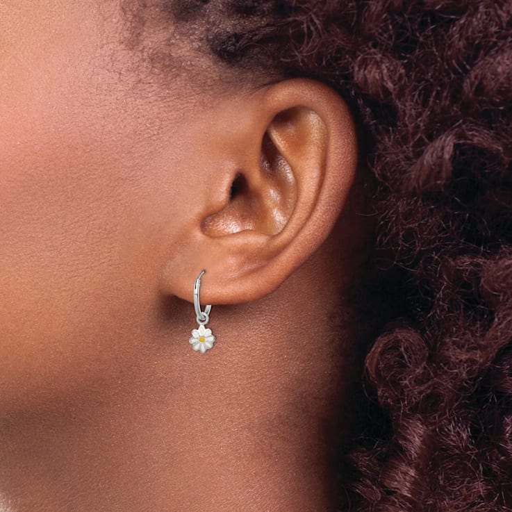 Rhodium Over Sterling Silver Enamel Daisy Children's Round Hoop Earrings