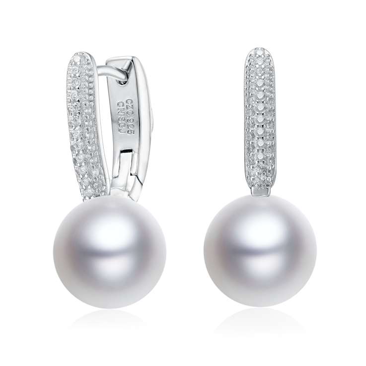 Pear Shape CZ And Pearl Simulant Drop Earrings In Sterling Silver