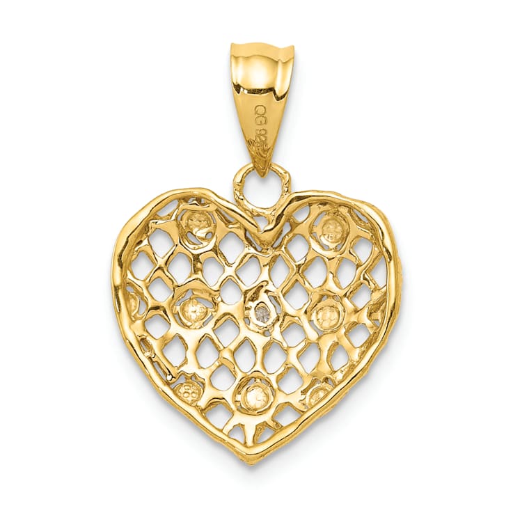 14k Yellow Gold and Rhodium Over 14k Yellow Gold Textured Diamond Heart Pendant