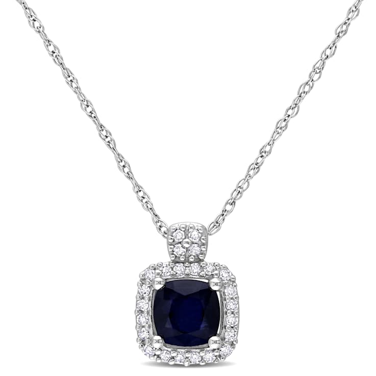 Diffused Sapphire & Diamond 10K White Gold Pendant With Chain 0.81ctw