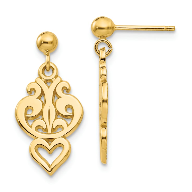 14k Yellow Gold Polished Filigree Fancy Heart Dangle Earrings
