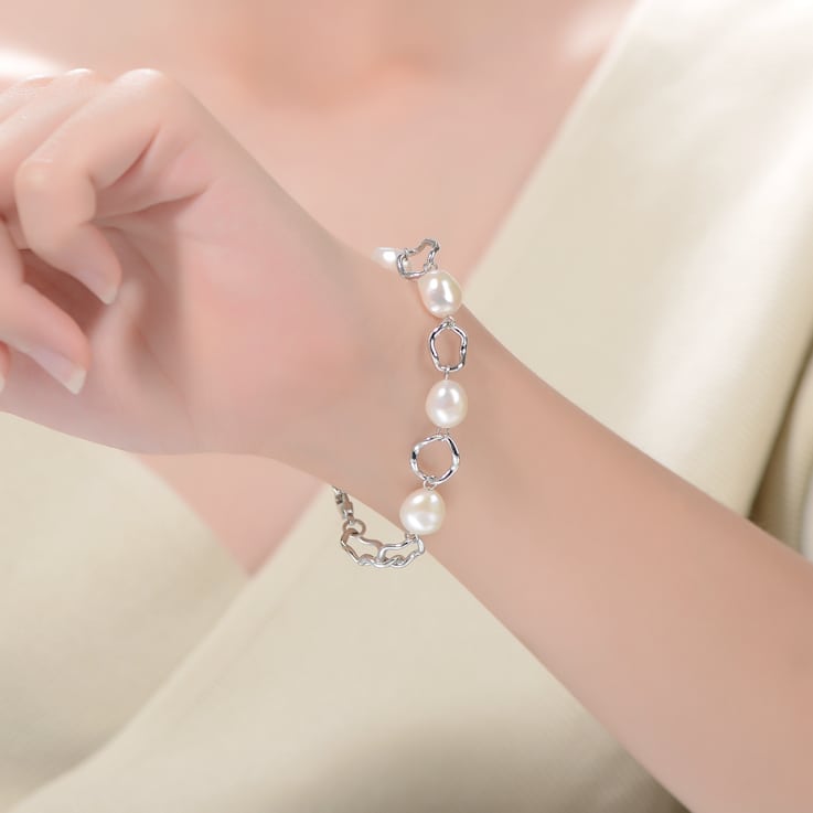 Freshwater Pearl And CZ Station Link Bracelet In Sterling Silver