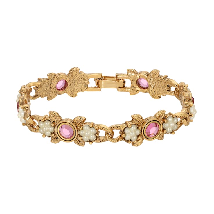 Gold Tone Round Crystal Faux Pearl Rose Bracelet