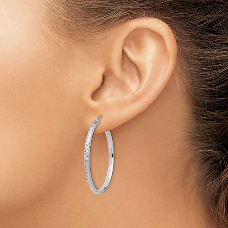 Rhodium Over 14k White Gold Diamond-Cut 1 7/16" Hoop Earrings