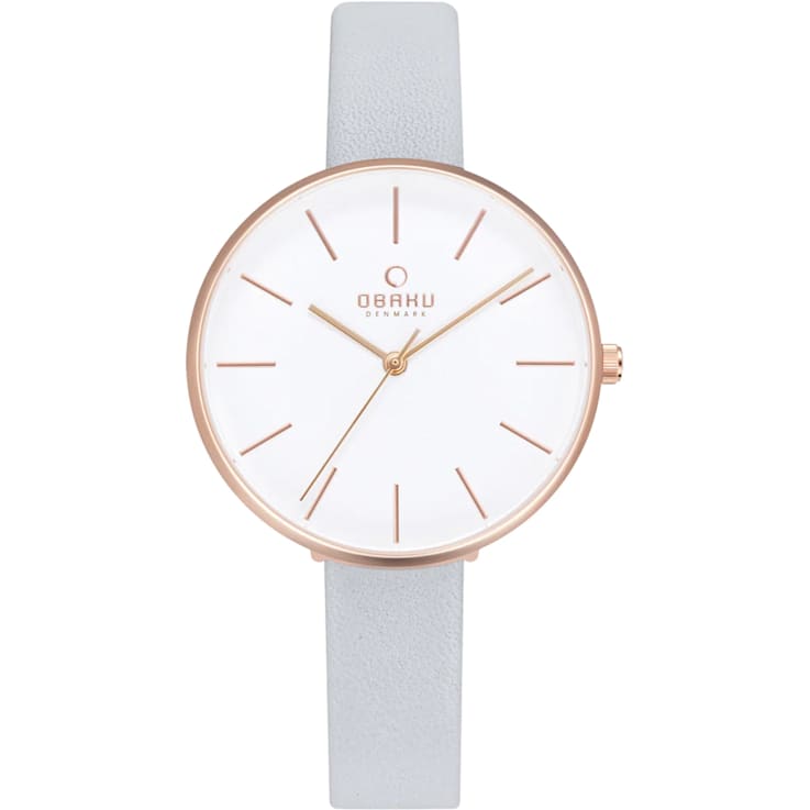 Obaku Women's Viol White Dial with Rose Accents Gray Leather Strap Watch