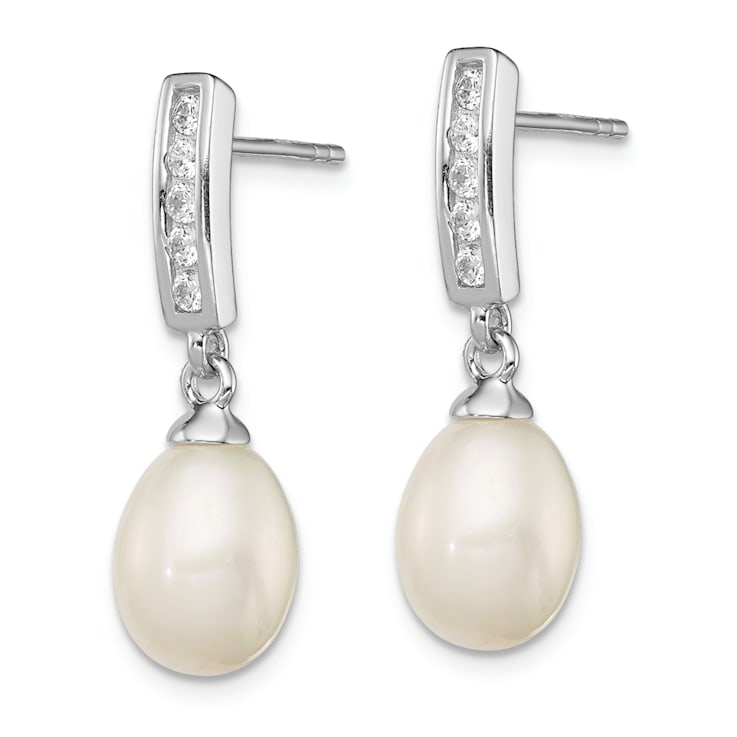 Rhodium Over Sterling Silver 8-9mm White FWC Pearl Cubic Zirconia Post
Dangle Earrings