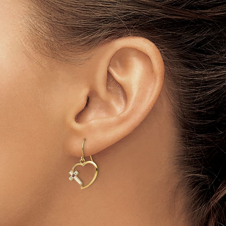 14k Yellow Gold with Enamel Cross Heart Dangle Earrings