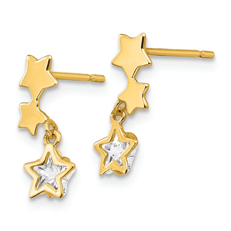 14K Yellow Gold Children's Star Dangle Earrings with Cubic Zirconia