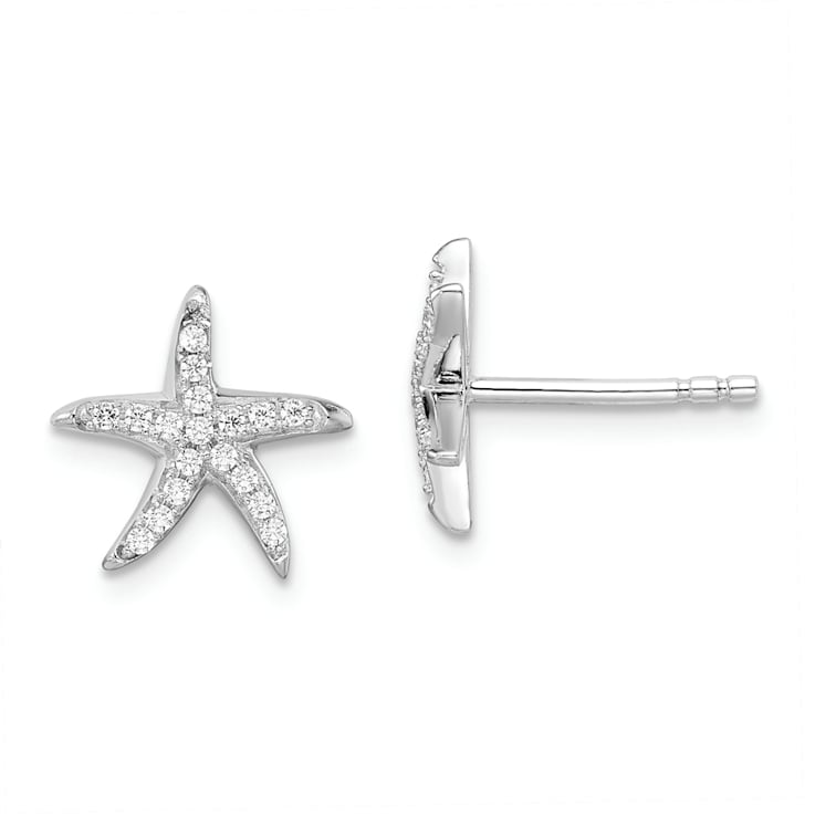 Rhodium Over Sterling Silver Cubic Zirconia Starfish Earrings