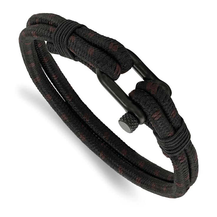 Black Woven Nylon Cotton and Stainless Steel Polished IP Plated Bracelet