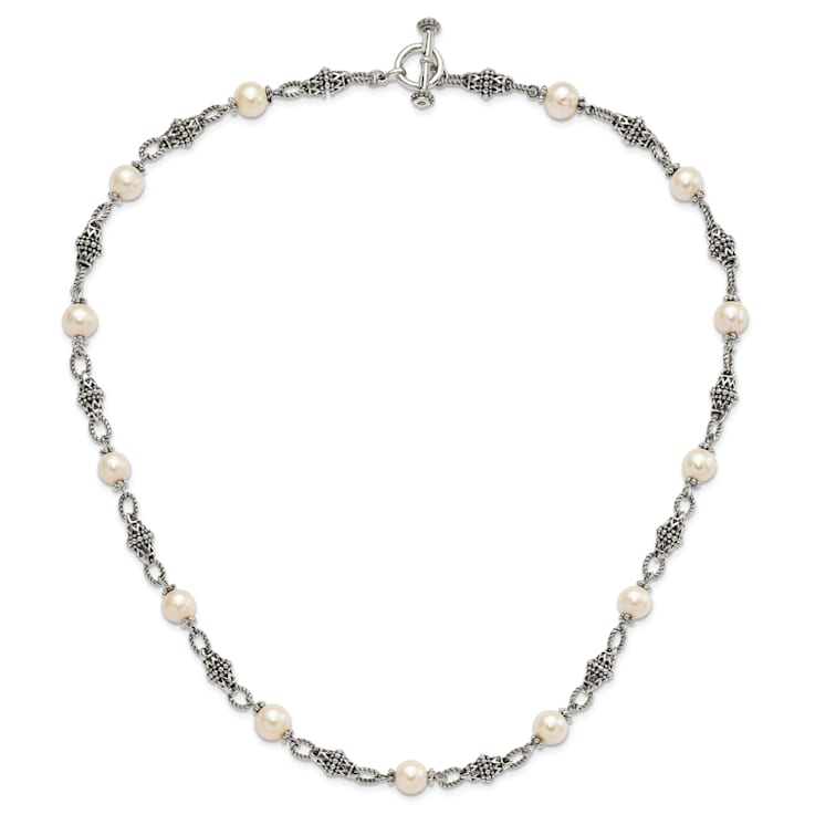 Sterling Silver Antiqued 8-8.5mm Freshwater Cultured Pearl 20 inch Necklace