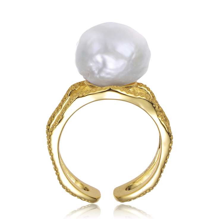 Pear Shape Freshwater Pearl Open Band Ring In 14K Gold Over Sterling Silver