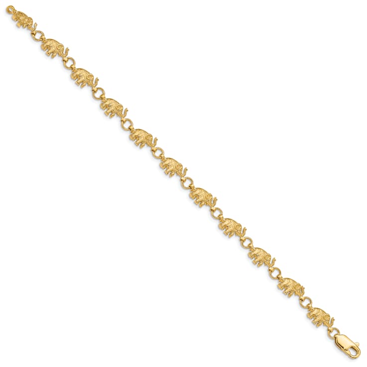14k Yellow Gold Diamond-cut Small Elephants with Raised Trunks Link Bracelet