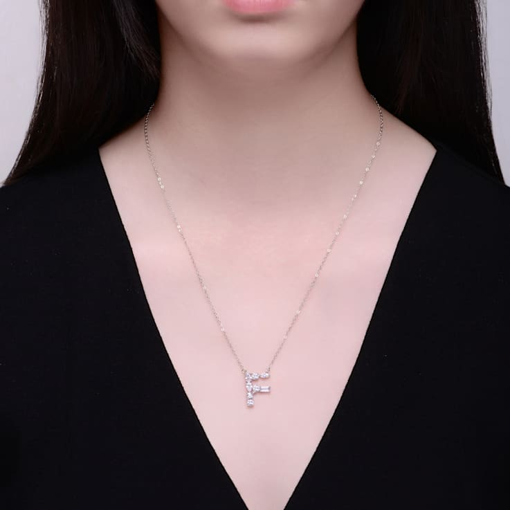 Initial F Mixed Cut CZ Pendant Necklace In Sterling Silver 18 Inch