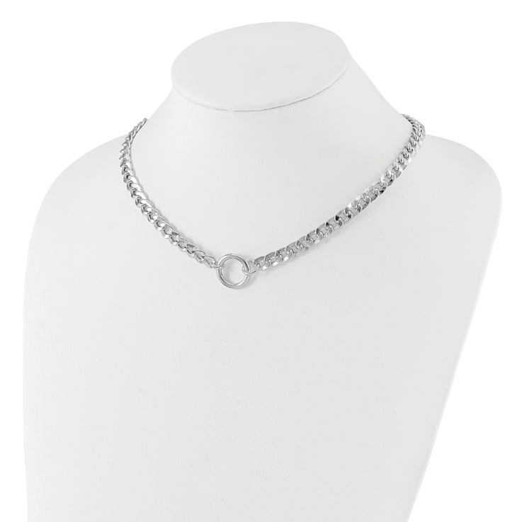 Rhodium Over Sterling Silver 7.25mm Circle Clasp Curb Link 16-inch Necklace