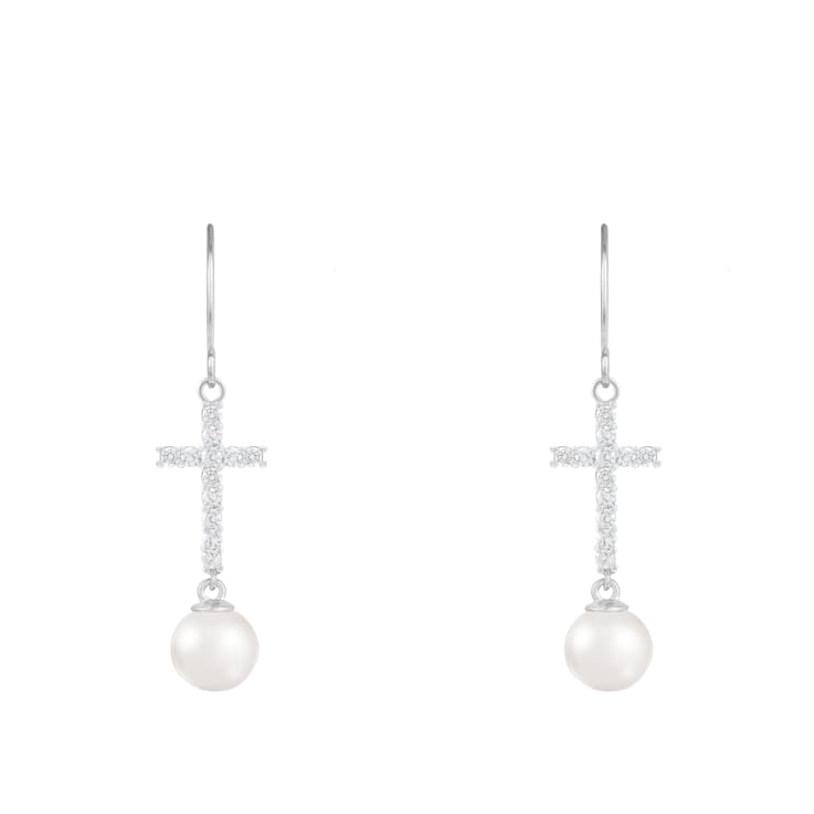 White Cultured Freshwater Pearl 14k White Gold Earrings 6-6.5mm