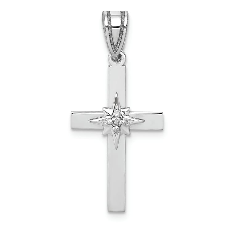 Rhodium Over 14K White Gold 0.01ct Diamond Cross Pendant