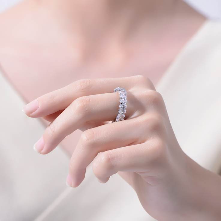 Oval CZ Band Ring In Rhodium Over Brass