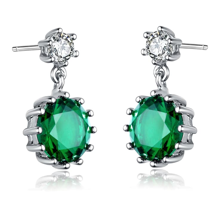 Emerald Color CZ Circle Drop Earrings In Sterling Silver