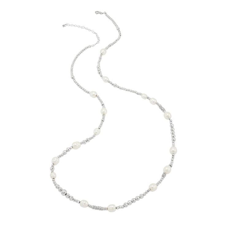8-11mm Round White Freshwater Pearl and Sterling Silver Beads Station Necklace