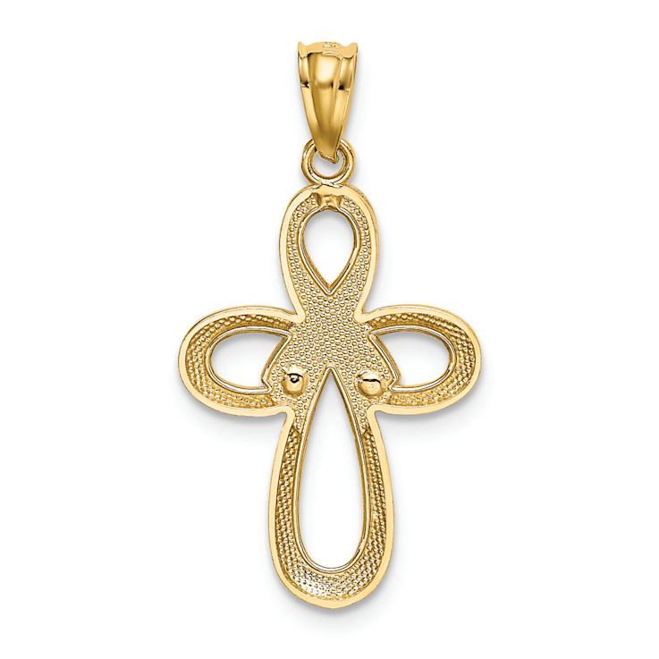 14K Two-tone Gold  Polished Pink Ribbon Cross Pendant