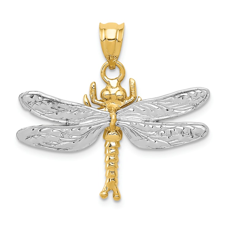14k Two-tone Gold Textured Dragonfly Pendant