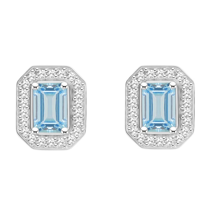 6x4mm Emerald Cut Aquamarine 1/5 ctw Diamond Rhodium Over Sterling
Silver Halo Stud Earrings